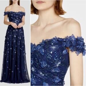 Rickie Freemen Teri Jon Womens Dress Size 4 Blue Off Shoulder Sequin Tulle Gown